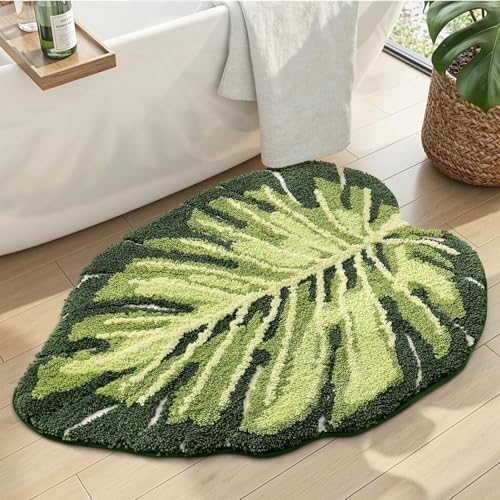 DEXI Badezimmerteppich 60 x 80 cm, Badematte rutschfest Absorbierende mit Monstera Pflanzenmuster, Blattförmige waschbarer Badteppich für Duschboden, Schlafzimmer, Kinderzimmer, Grün