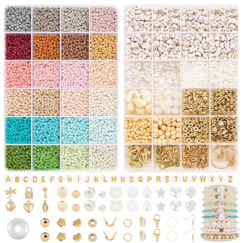 RUBY 3mm Perlen für Armbänder, 24 Bunte Morandi Glasperlen zum Auffädeln, Mini Perlenset Charm Kit mit Holzperlen, Perlen zum Auffädeln für Freundschaftsarmbänder DIY Bracelet Making Kit, Partys