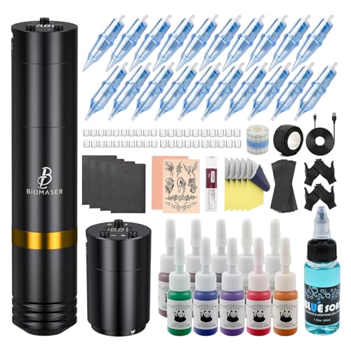Biomaser kabelloses Gerät Set Kabellose Rotationsstift-Maschine 2 Stück 1500mAh Akku mit 20 Nadelstücken 10 Tintenflaschen Komplette Zubehörteile für Anfänger und Künstler