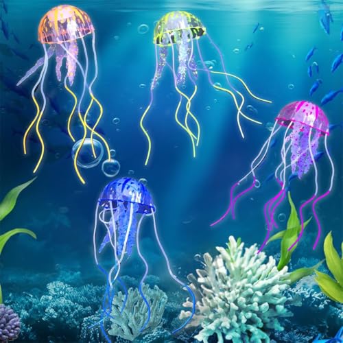 4 Pcs Glühende Qualle Fischtank Dekorationen Set, schwimmende Quallen Aquarium Dekoration Simulation Silikon Wasserorganismen für Aquarium Fisch Tank Glow Ornament