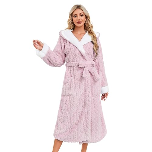 LYCY Damen Plüsch Bademantel Lang mit Kapuze, Hausmantel Flauschig mit Taschen & Gürtel, Warm Weich Fleece Morgenmantel Robe für Zuhause, Wellness & Urlaub(Hellrosa, L/XL)