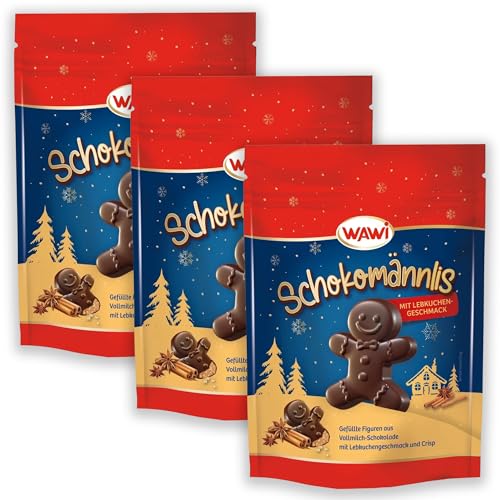 WAWI Schokomännlis Lebkuchen 3x120g – Edle Vollmilchschokolade gefüllt mit zarter Lebkuchen-Creme und knusprigem Crisp – Weihnachtsschokolade aus Deutschland – Schokolebkuchen – Weihnachts-Süßigkeiten