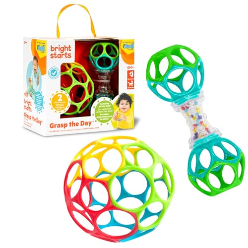 Bright Starts Easy-Grasp Oball Bundle Geschenk-Set - Grasp the Day, Ball und Rasselspielzeug 2er-Pack, BPA-frei, Unisex, Newborn+