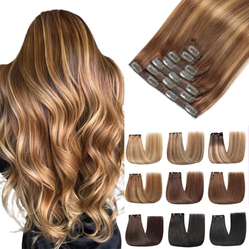 EINbeauty Clip In Extensions Echthaar 7Stücke Extensions Echthaar Gerade Unsichtbar Echthaar Extensions Extensions Clip In Haarverlängerung 80g 35cm(14Zoll,4/4/27#)
