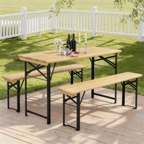 Bonnlo 3-teiliges Bierzeltgarnitur, Gartenmöbel Set, Picknick-Set mit 2 Bänken aus Tannenholz mit Metallgestell, Faltbares Camping-Möbelset für Innen & Außen, 113,5 × 50 × 74,5 cm, Naturholzfarbe
