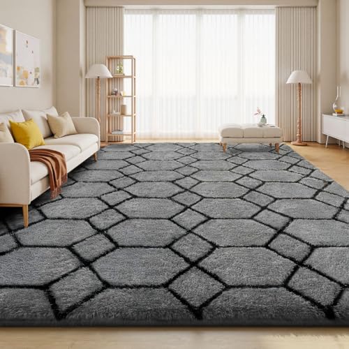 Sour Lemon Hochflor Teppich Grau Carpet Wohnzimmer 140x200 Waschbar Anti-Rutsch Extra Große Teppiche Schlafzimmer Flauschige Moderne Teppiche Matte Teppichen für Schlafzimmer Kinderzimmer
