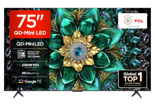 TCL 75Q6C 75 Zoll QD-Mini LED Fernseher, 4K HDR Premium 1000nits, Smart TV mit Google TV (Dolby Vision IQ & Atmos, Onkyo 2.1 Soundsystem, 144Hz Motion Clarity Pro, Game Master)