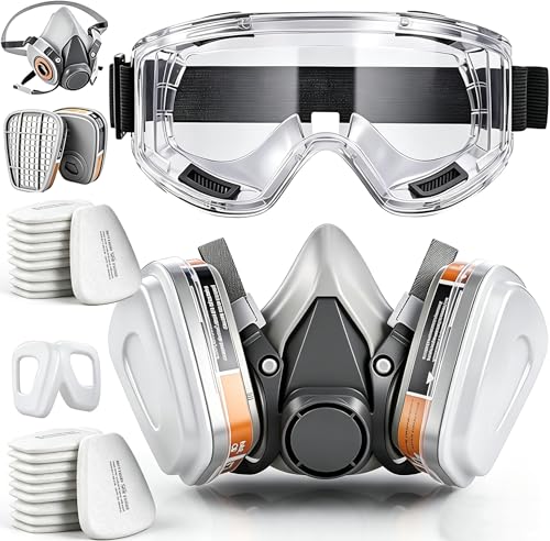 28 in 1 Halb Gesicht Staubmaske Set Filter für Dämpfe, Sand, Asbest, Gas, Säure und Ammoniak mit Schutzbrille, Partikelschutzfiltern Lackierer Masken und mehr mit 20 Filtrierbare Wattepads 2 Patronen