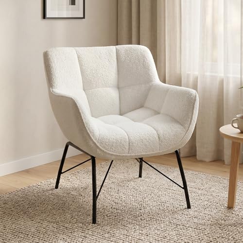 HOMCOM Loungesessel Wohnzimmer Sessel mit Sherpa-Fleece-Optik, Moderner Lesesessel mit Armlehnen, Gebogener Rückenlehne, Stahlbeinen Bequemer Relaxsessel Polsterstuhl für Schlafzimmer, Cremeweiß