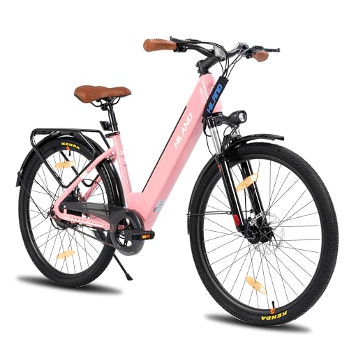 HILAND 26 Zoll Elektrisches Citybike, 250W Motor, 36V 7,8Ah Akku, Elektro Pendlerfahrräder mit 7-Gang Schaltung, Scheibenbremsen vorne und hinten, E-Bike für Damen und Herren, Rosa