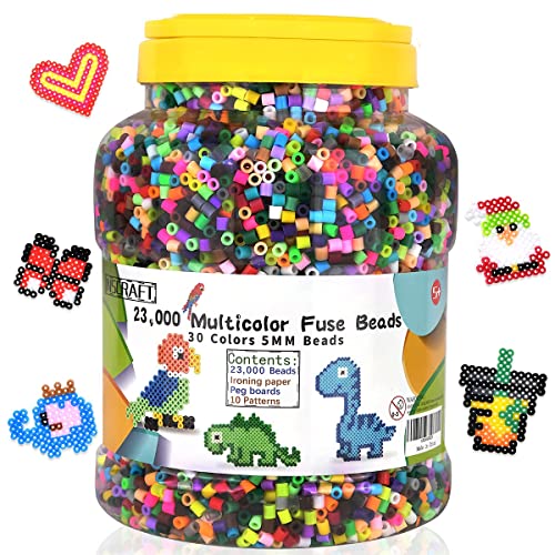 Inscraft Bügelperlen Set, 23000 teilige große Bügelperlen 5mm, 30 Farben Bügelperle xl, Bügelperle groß mit 5 Bügelpapier, 10 Bügel-perlen Vorlagen & 3 Bügel perlen Platten, Steckperlen ab 3 jahre