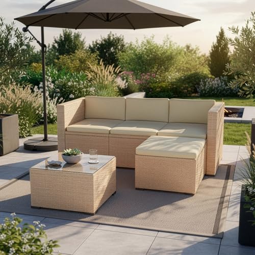 Juskys® Polyrattan Lounge Punta Cana M für 3-4 Personen mit 3er Sofa, Sessel, Tisch & Kissen, Sitzgruppe für Garten, Terrasse und Balkon, Gartenmöbel Set wetterfest - Creme