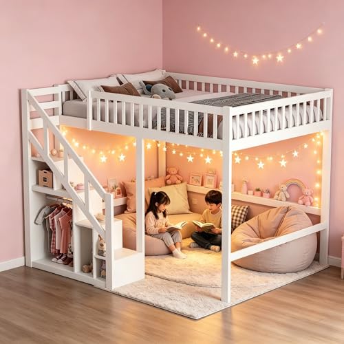 JiaOyu Etagenbett 90x200, Massivholz-Kinderbett mit Sicherheitstreppe & Aufbewahrungsschrank, Platzsparendes Jugendbett mit Lattenrost, Mehrzweck-Spielbett für Kinderzimmer Weiß (90x200cm)