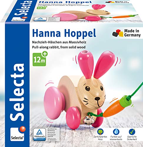 Selecta 62023 Hanna Hoppel, Nachzieh Hase, Schiebe-und Nachziehspielzeug aus Holz, 13 cm