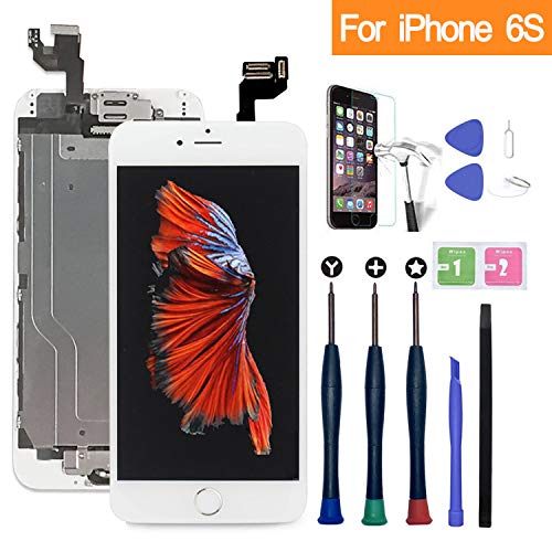 Xlhama Touchscreen LCD Display für iPhone 6S weiß mit Home-Button, Frontkamera, Proxidationssensor, Lautsprecher, Werkzeuge und Folie aus Hartglas