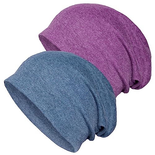 Slouchy Beanie-Mütze, Baumwolle, Chemo-Kopfbedeckung, Mützen für Damen und Herren, Denimblau/Lila, 2 Stück, Violett, Large
