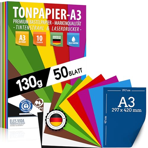 50 Blatt Tonzeichenpapier DIN A3 – 130 g, 10 Farben – Dickes Papier - Pappe