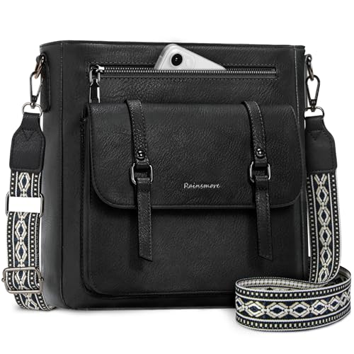 RAINSMORE Umhängetasche Damen Mittelgroß Handtasche Damen Leder Crossbody Bag Damen-Umhängetaschen Schultertasche Handtaschen Damenhandtasche mit Breiten Schultergurten Schwarz
