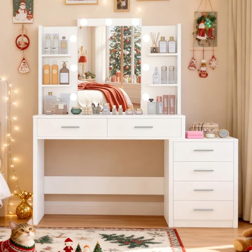 TEENFON Schminktisch mit Spiegel und Beleuchtung, 6 Schubladen, 6 offene Fächer, 3 Lichtmodi mit 6 Helligkeitsstufen. Schminktisch für Schlafzimmer, Mädchen, Frauen, Weiß