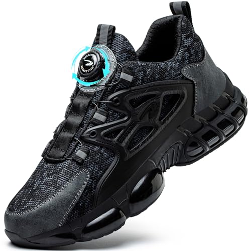 Stahlkappenschuhe Herren Damen Sicherheitsschuhe Leicht Drehknopf Arbeitsschuhe Atmungsaktiv rutschfeste Kevlar Anti-Smash und Anti-Punktur Safety Shoes Breite Füße Schwarz 43 EU