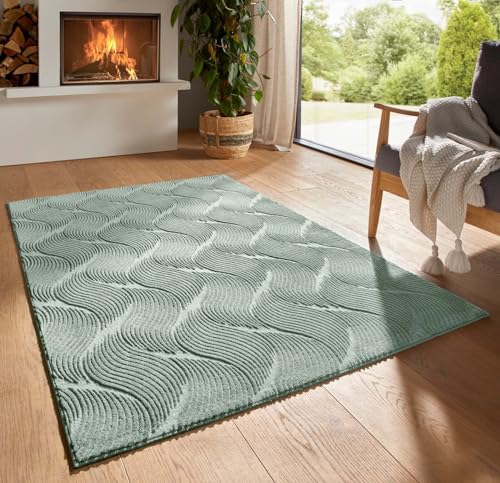 Taracarpet Kurzflor Boho Skandi Polyester Teppich in 3D Optik waschbar, pflegeleicht und robust ideal fürs Wohnzimmer, Schlafzimmer und Kinderzimmer auch als Badematte Grün Düne 060x120 cm
