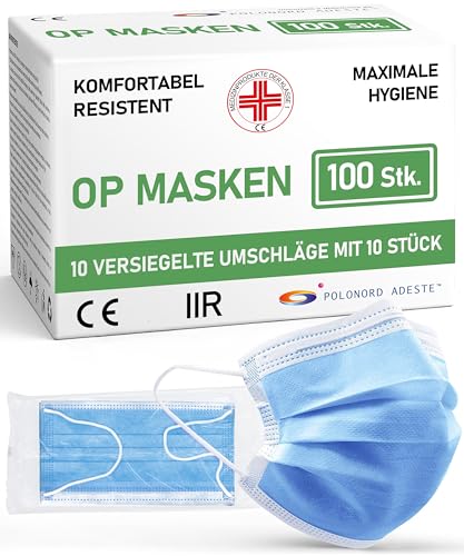 ADESTE – 100x Einweg OP Masken Typ IIR, 3-lagig, spritzwassergeschützt, konform mit UNI EN 14683:2019+AC:2019, BFE  src=