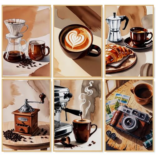 Camocin Art 6 Stück Malen nach Zahlen Erwachsene Kaffee, Kaffee Malen nach Zahlen, DIY kaffeetasse Paint by Numbers für Home Deko Geschenk 20x30cm