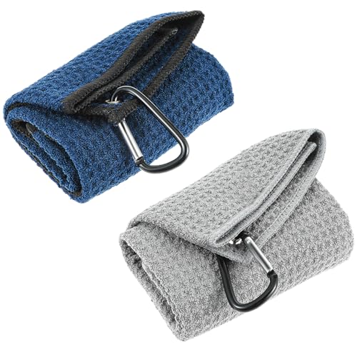 Giantree Golf Handtuch Zum Reinigen, 2 Stück dreifach gefaltetes Golf-Handtuch, Mikrofaser-Golf-Handtuch (30 x 30 cm) mit Karabiner-Clip Sehr saugfähig Golf Reinigungstuch(grau+blau)