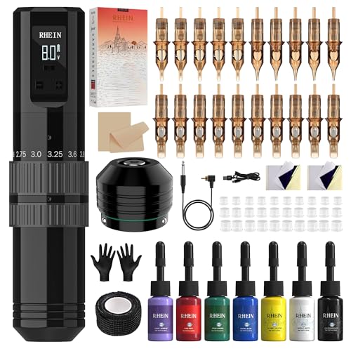 RHEIN Wireless Maschine Set mit 1400mAh Akku Power 7 Adjustable Strokes 14 Inks Set 20PCS Cartridges Kabellos Stift Maschine Komplettes Zubehör for Professionelle Künstler und Anfänger RNE40KIT-1