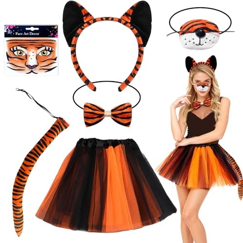 6 pcs Tier Tiger Kostüm Set für Männer und Frauen, Tier Kostüm mit Ohrenkopfband Nase Fliege Schwanz Tutu-Rock Gesichtsaufkleber, Faschingskostüm Kostüm Partyzubehö Halloween Kostüm Cosplay Partys