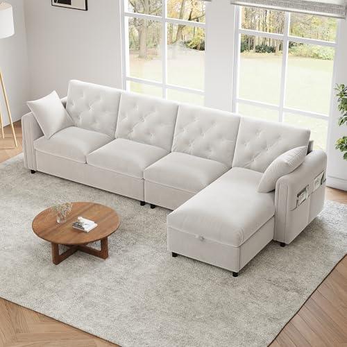 ECLIVON Sofa Couch 4 Sitzer mit Stauraum, Sofas & Couches, Modern L-förm Ecksofa mit Rückenlehne und Kissen, Polstersofa mit Armlehnen und Magazintaschen, Loungesofa für Wohnzimmer, Samt (Beige)