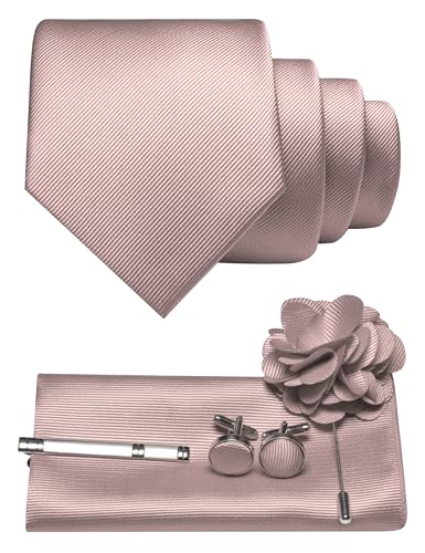 JEMYGINS Herren Krawatte aus Twill mit einfarbigem Design inklusive Pocket Square Manschettenknöpfen Krawattenklemme und Blütenbrosche Geschenkset für Partys Business Hochzeiten helles Roségold
