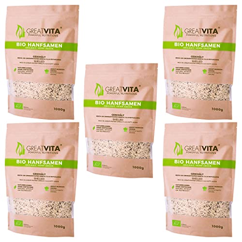 GreatVita Bio Hanfsamen, geschält, (5 x 1000g) natürliches Protein, Eiweiß