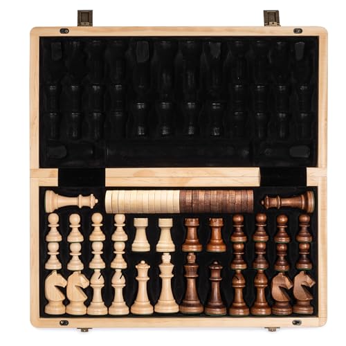 A&A 15 inch Wooden Folding Chess & Checkers Set w/ 3 inch King Height Staunton Chess Pieces / 2 Extra Queens…