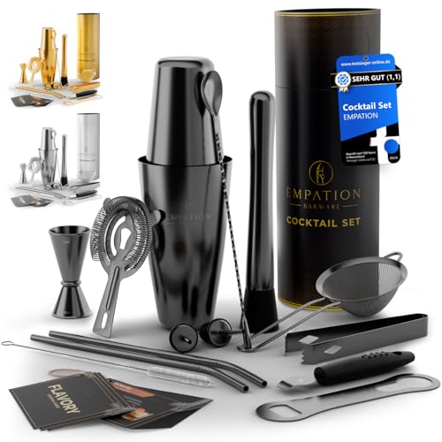 EMPATION Cocktail Shaker Schwarz, 14-teiliges Cocktail Set mit 825ml Boston Shaker, Cocktail Zubehör inklusive Rezeptkarten, Bar Set für Anfänger & Profis, Cocktailshaker Set als Präsent geeignet
