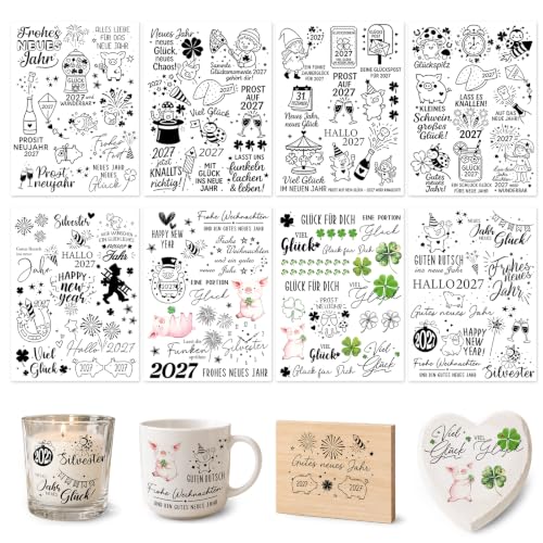 8 Stück Rub On Sticker Neujahr, Folie Transferaufkleber Neujahr Deko