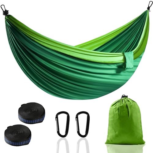 Camping Hängematte Outdoor, Superleichte Tragbare Fallschirm Hängematten mit Zwei Baumgurten Einzel Nylon Reisebaum Hammock (Dunkelgrün, 280 * 140cm)