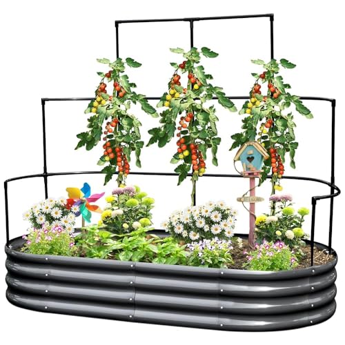 KING BIRD Hochbeet mit Rankgitter, Pflanzkasten Gartenkasten Frühbeet Kräuterbeet mit Gitterspalier für Garten, Klettergemüse, Blumen,180x90x30 cm, Dunkelgrau