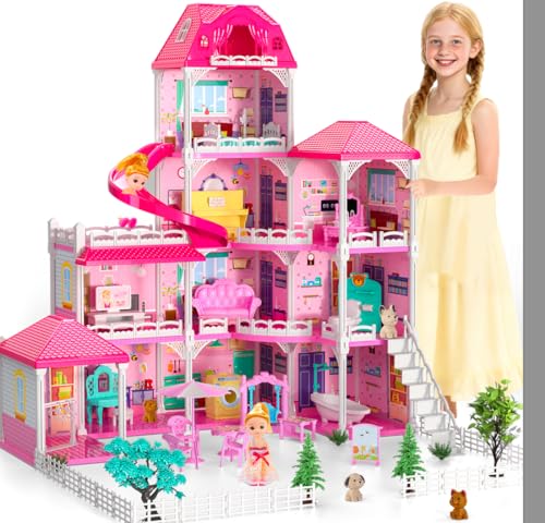 Doloowee Puppenhaus, 4 Geschichten 10 Zimmer Puppenhaus mit 2 Prinzessinnen Rutsche Zubehör, Spielzeug für Mädchen im Alter von 3, 4 und 5 Jahren