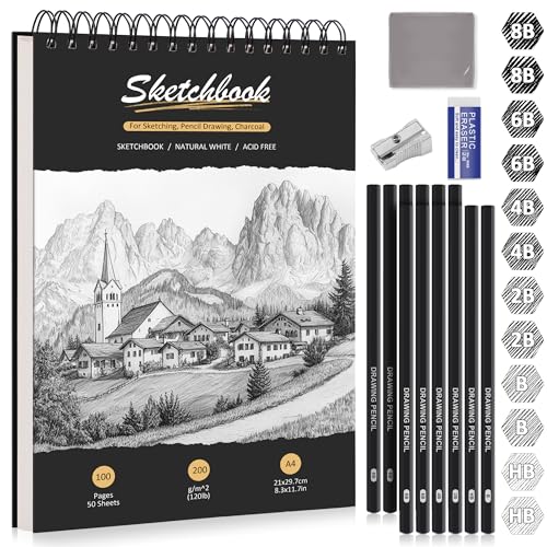 DazSpirit A4 Skizzenbuch, Hardcover Zeichenblock mit 200g/m² dickem Papier, 12 Skizzenstifte & Radiergummis, Spiralbindung, 50 Blätter/100 Seiten Skizzenblock – Ideal für Bleistift, Kohle, Pastell