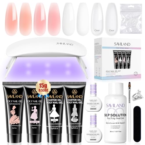 SAVILAND Polygel Starter Set mit UV Lampe: Poly Gel Nägel Set 4 Farben Transparentes Rosa Nebeliges Rosa Weiß klar Nagelset Nagelverlängerung Kit Base Coat Top Coat Slip Solution Gelnägel Zu Hause