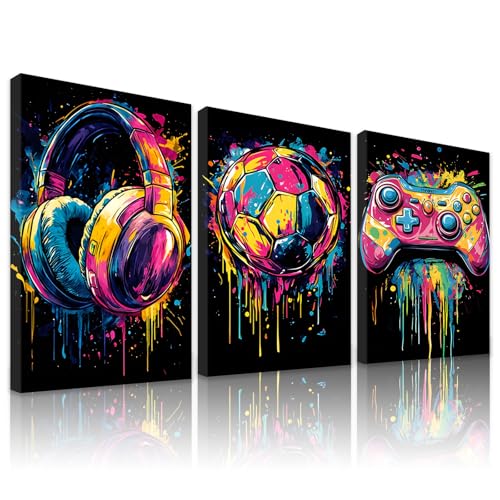 milaosk 3er Set Gaming Wandbilder mit Rahmen Poster Kunstdrucke Bunte Graffiti Game Controller Fußball Kopfhörer Leinwandbilder für Teenager Jungen Zimmer Spielzimmer Deko 12x16 zoll (A)