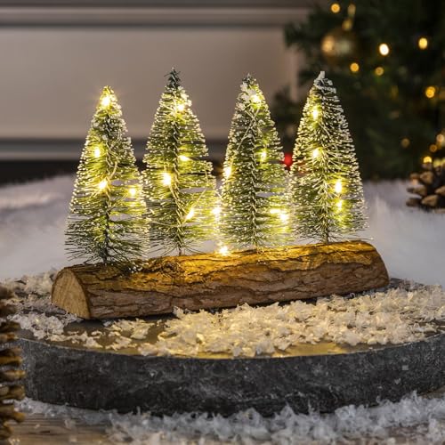 Bambelaa! LED Baumstamm mit 4 Bäumen ca. 20 x 6,5 x 13,4 cm mit 20 warmweißen LEDs Weihnachtsdekoration für Innen batteriebetrieben