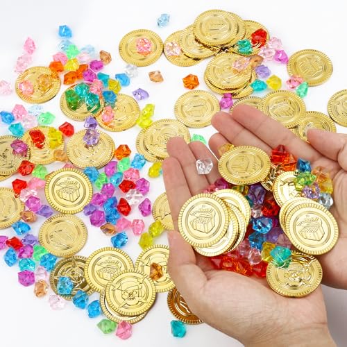 Binlava 250 Stück Piraten Goldmünzen Set, 50 Goldmünzen Kinder und 200 Edelsteine für Piratenschatz, Goldtaler Schatzsuche, Schatztruhe Kinder, Schatzkiste Kindergeburtstag, Mitgebsel und Piratenparty