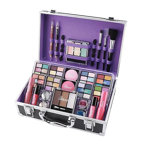 Bliss Schminktasche mit veganen Schminkprodukten - Kompletter Schminkkoffer mit Lidschatten, Rouge, Lippenstift, Augenbrauenwachs und -puder, Pinseln - Aluminium-gerahmter Schminkkoffer Organizer