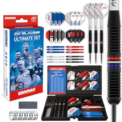 WINMAU Darts – PDC Ultimate Set - 22g Profi Messing Dartpfeile Metallspitze Satz Und Zubehör - Beinhaltet Dart-Flüge, Dart-Schäften, Steeldarts Spitzenschärfer & Schwarz Transparentem Kunststoff Fall