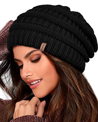 FURTALK Damen Beanie Mütze Warme Wintermütze mit Weichem Innenfutter Gefütterte Strickmütze,Schwarz,Einheitsgröße