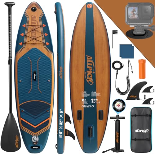 ALLPICK Premium SUP Board Set, Stand Up Paddling Board Aufblasbar, Mit Universal Kamerahalterung, Komplettes Zubehör, Verstellbares Paddel, Anfänger und Fortgeschrittene, 180kg Marineblau