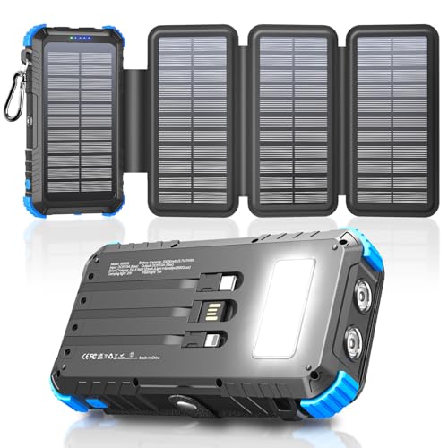 Solar Powerbank 20000mAh mit 4 Solarpanel, Powerbank USB C 15W Schnellladung 5 Ausgänge mit 3 Kabeln, Wasserdicht Outdoor Externer Akku mit Karabiner & Taschenlampen für Camping, Phones, Tablets