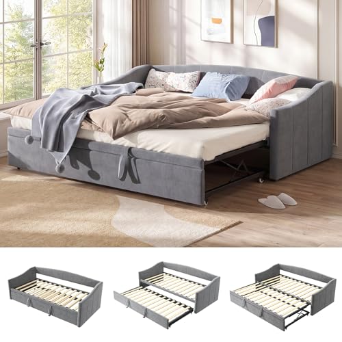 NSXSBUZ Ausziehbares Tagesbett 90/180x200 cm, Polsterbett Schlafsofa mit ausziehbarem Rollbett & Lattenrost,Schlafcouch Ausziehbar zum Doppelbett, Samt, Beige, Ohne Matratze (Grau-1)